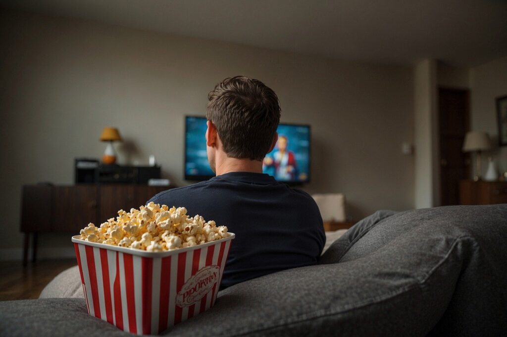 man watching tv on his couch with popcorn